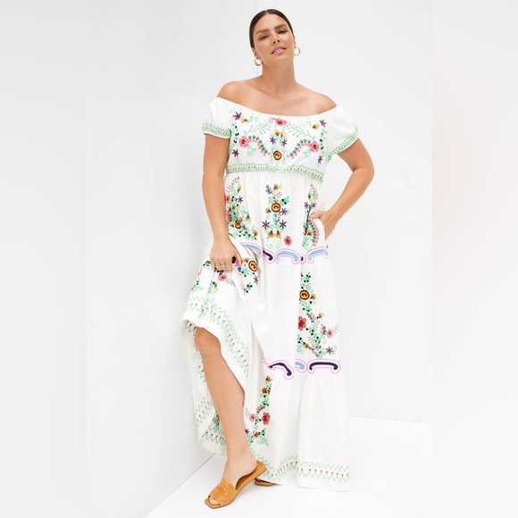 New Anthropologie Embroidered Off-The-Shoulder Maxi Dress Medium White - Picture 4 of 9